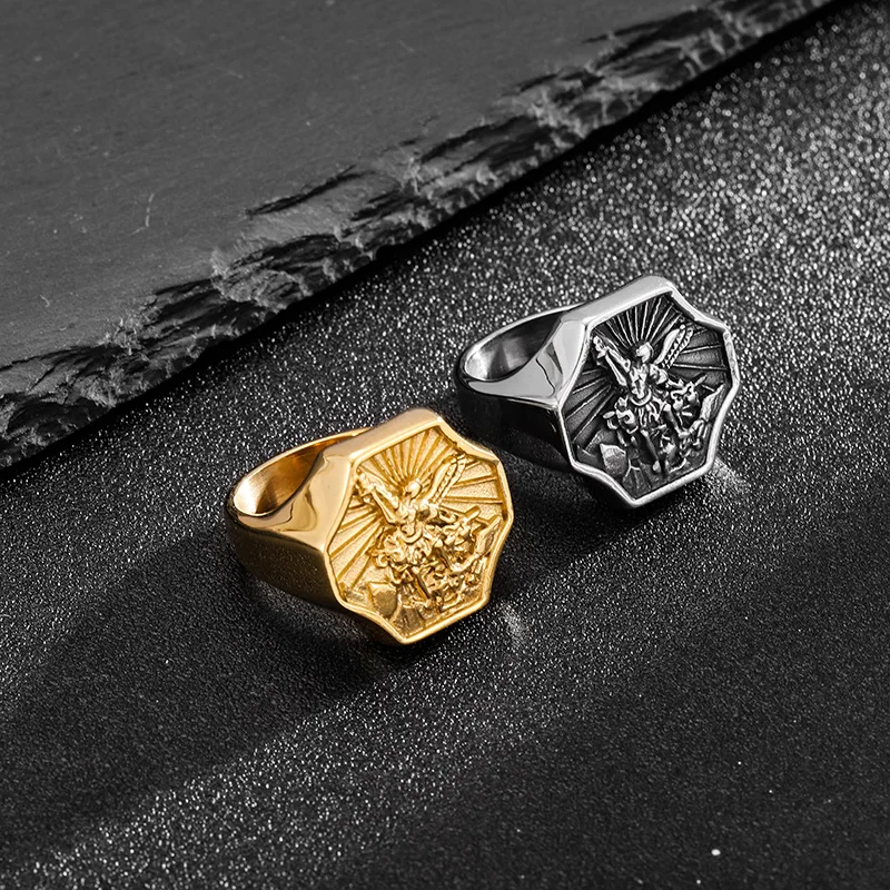 Vintage Archangel Saint Michael Rings for Men Stainless Steel Luxury Jewelry Dragon Killer Guardian Deity Gift of Warrior Police