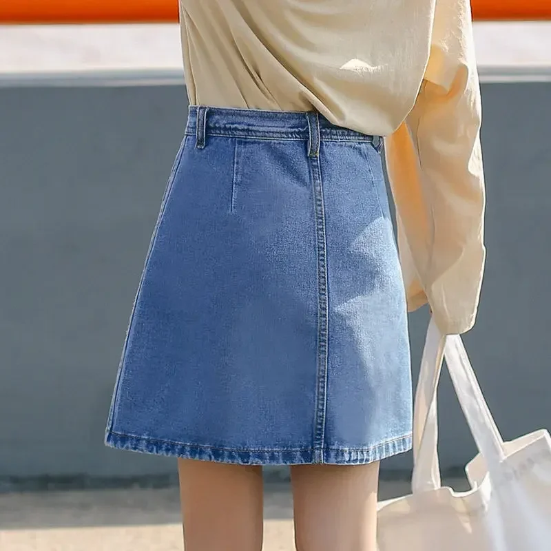 

Pop Women's Denim Skirt Blue High Waist Chubby With Pocket Midi Female Jeans Skirts Korean Fashion Harajuku Offer Novelties V On