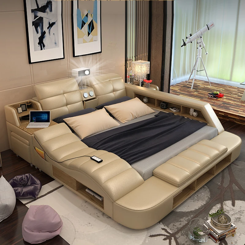 Luxury Designer Double Bed Wood Nordic Storage Massage Floor Bed Queen Smart Sleeping Cama Matrimonio Multifuncional Furniture