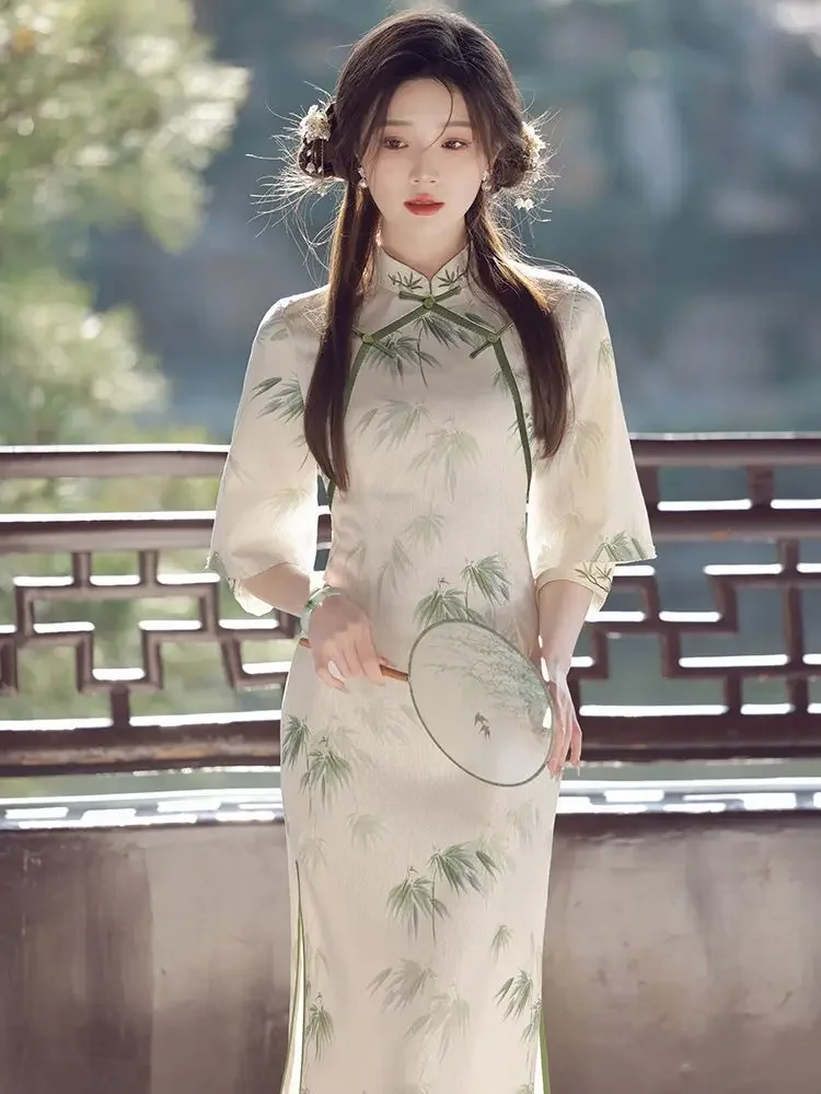 

Summer Long Cheongsam Light Green Mid Sleeve Dress Traditional Vintage Costumes Elegant Qipao Champagne S To XXL