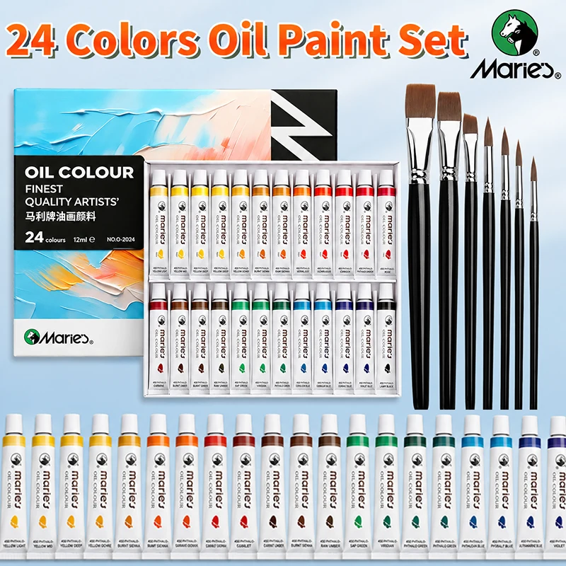 Marie's 31-teiliges Ölfarben-Set, 7 Pinsel und 24 Farben, 12 ml/0,42 Unzen Tuben, Malset für Leinwand, Basteln, Stein, Ei, Chemiker für Erwachsene