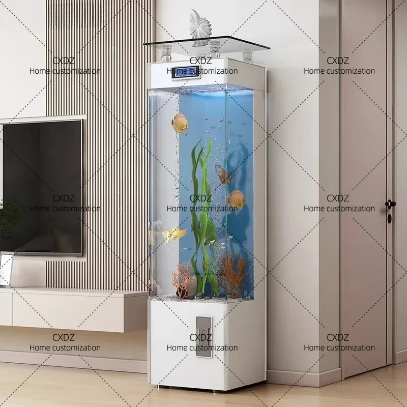 XXultra-white glass fish tank small floor-to-ceiling vertical goldfish tank aquarium next to the living room
