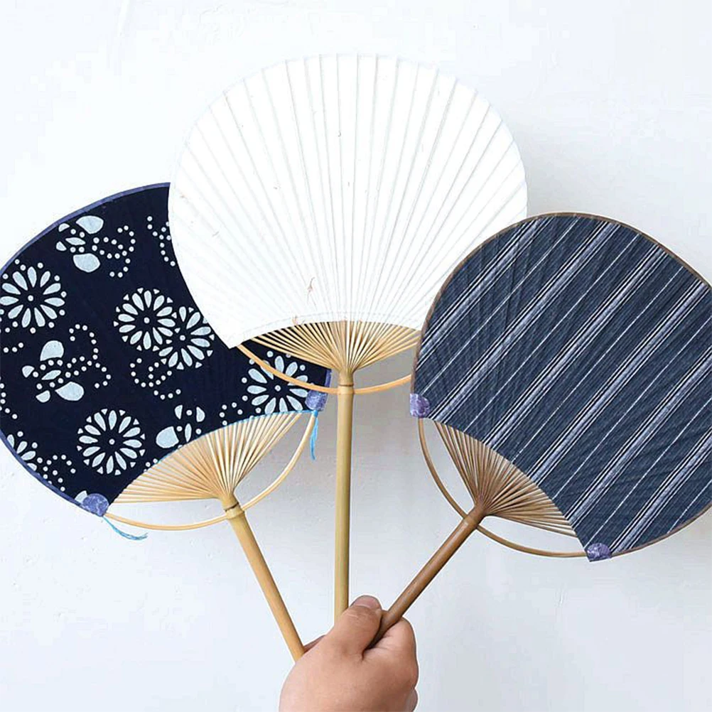 

1pc Japanese Style Bamboo Handle Round Double-Sided Cloth Hand Fan Traditional Painting Fan Navy Cloth Random Pattern Portable