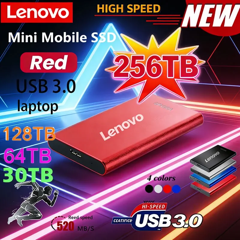 

Портативный SSD-накопитель Lenovo 256 ТБ, высокоскоростной SSD 2 ТБ, внешний жесткий диск 8 ТБ, массовое хранилище данных, интерфейс USB 3.0, накопитель для ноутбуков и компьютеров