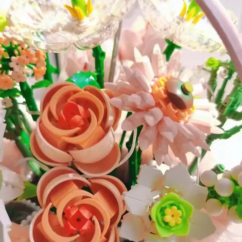 Eternal Pink Purple Rose Building Blocks Portable Bouquet Set With Storage Box DIY Floral Model For Kids Gifts And Home Ornament