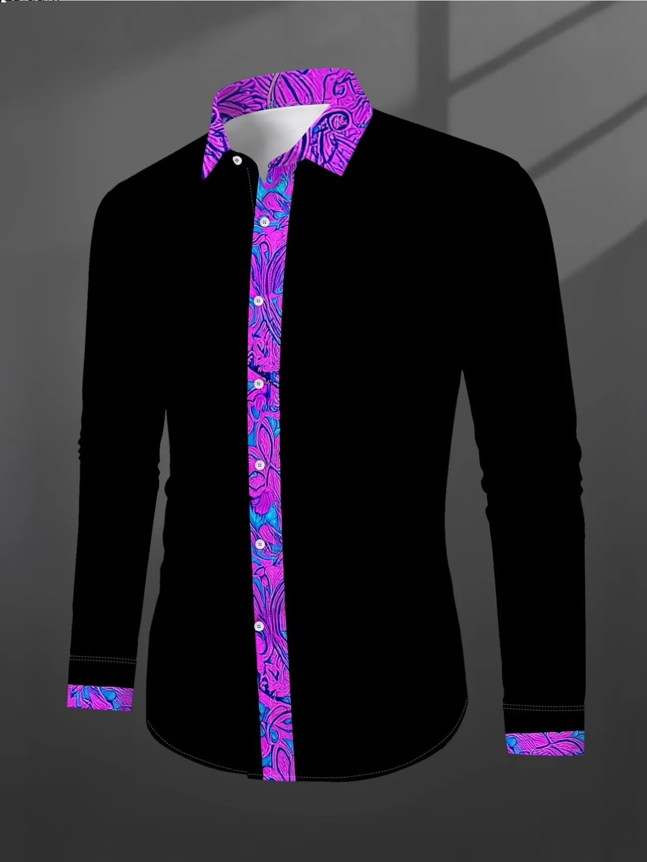 New black base pink purple paisley contrasting placket men's long sleeved shirt trendy casual shirt clothing