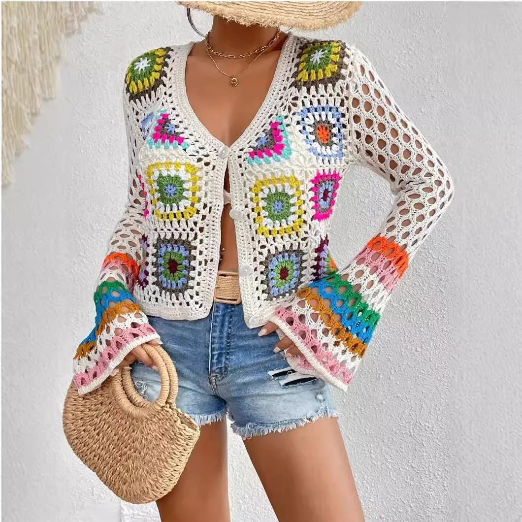 

TIYIHAILEY Free Shipping Knitting Single Breasted Coat Women Hand Made Outerwear Flare Full Sleeve Flower Cardigan Sweater