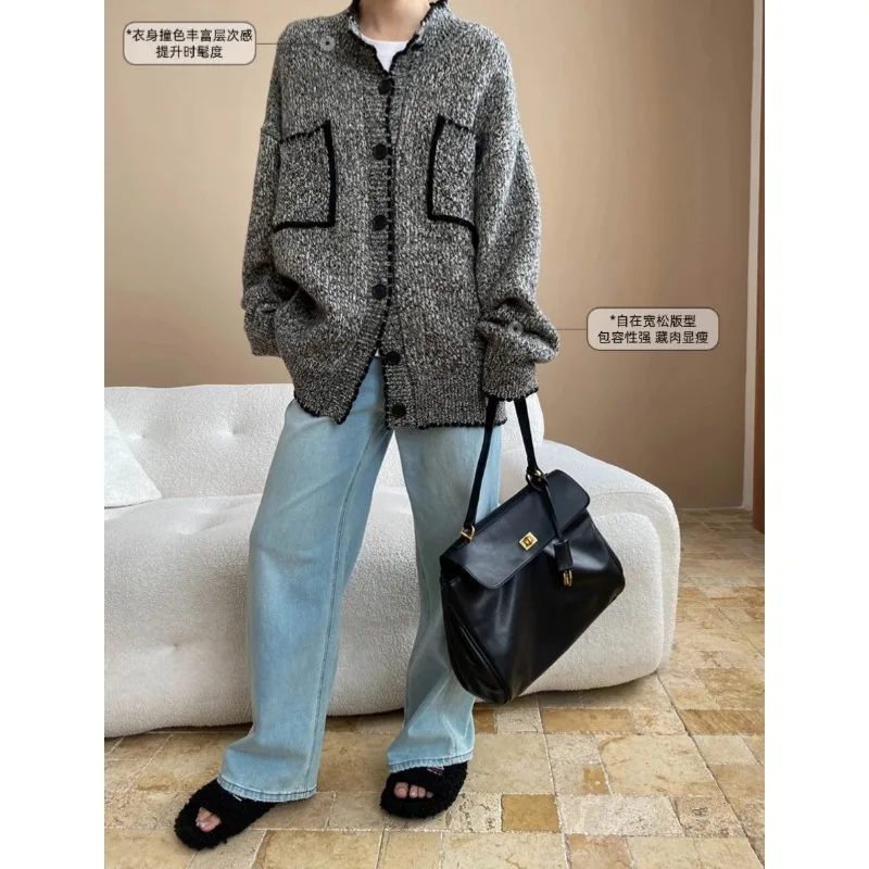 UMI MAO Tops de moda otoño nueva moda doble bolsillo Color bloque cuello redondo perezoso suéter de punto suelto chaqueta