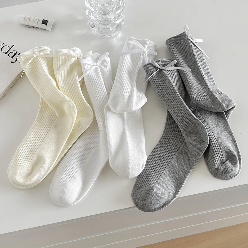 

Spring Summer White Socks Women's Mid-tube Socks Sweet Bow Black Gray Cotton Socks