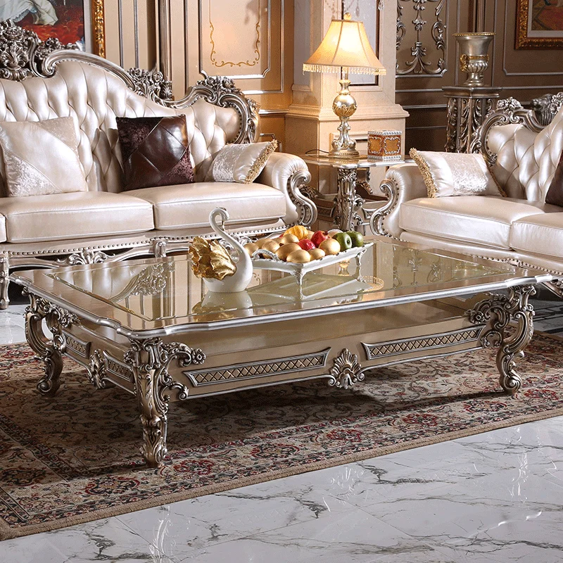 

Italian hand-carved wood painted living room furniture French coffee table and side table set