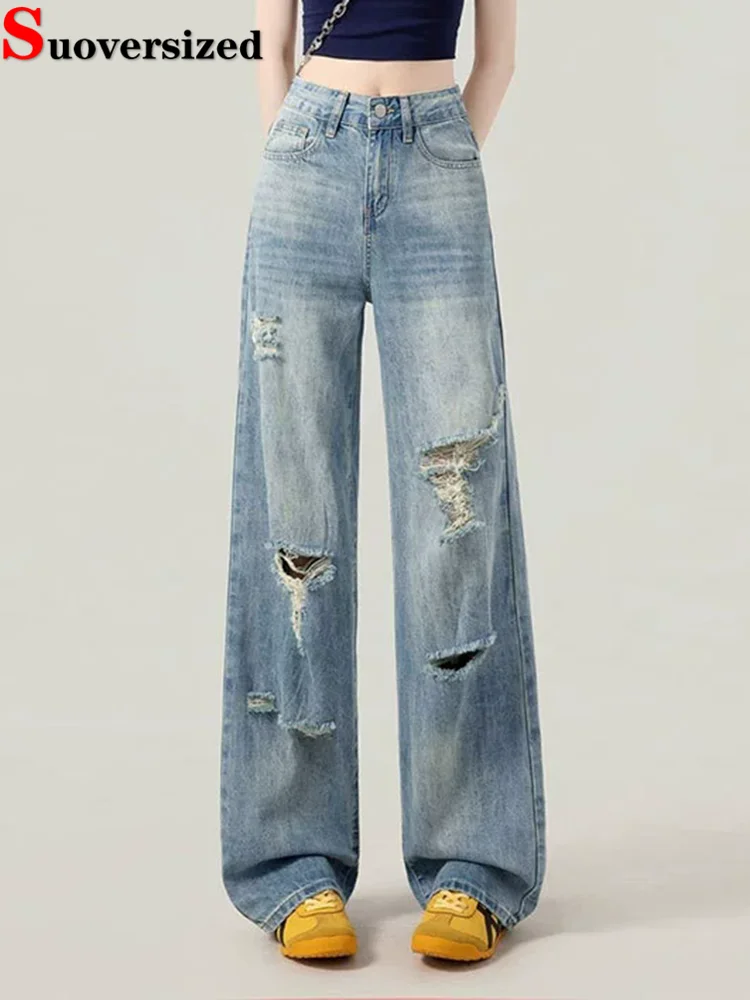 

Дизайн с дырками, новые прямые джинсы, женские винтажные мешковатые широкие джинсовые брюки с высокой талией, корейская мода, повседневная уличная одежда Vaqueros