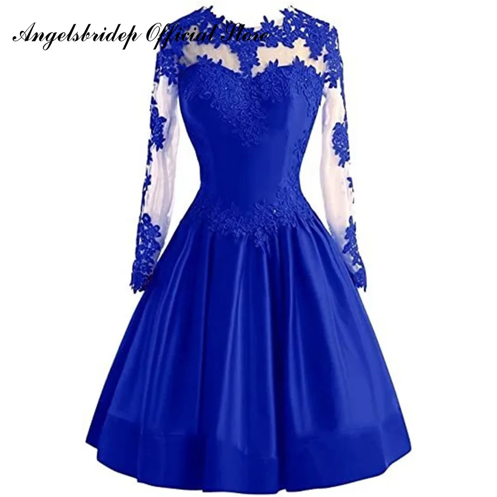 Angelsbridep แขนยาวชุดราตรี Vestidos De Festa Juniors แฟชั่นลูกไม้ Appliques ซาติน Cinderella ชุดเดรสแขนยาวคอวี