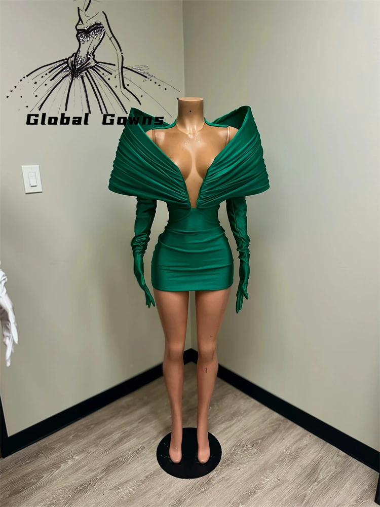 Green 2024 Short Prom Gown For Black Girls With Two Gloves Off Shoulder Birthday Party Cocktail Dresses Robe De Bal Customized