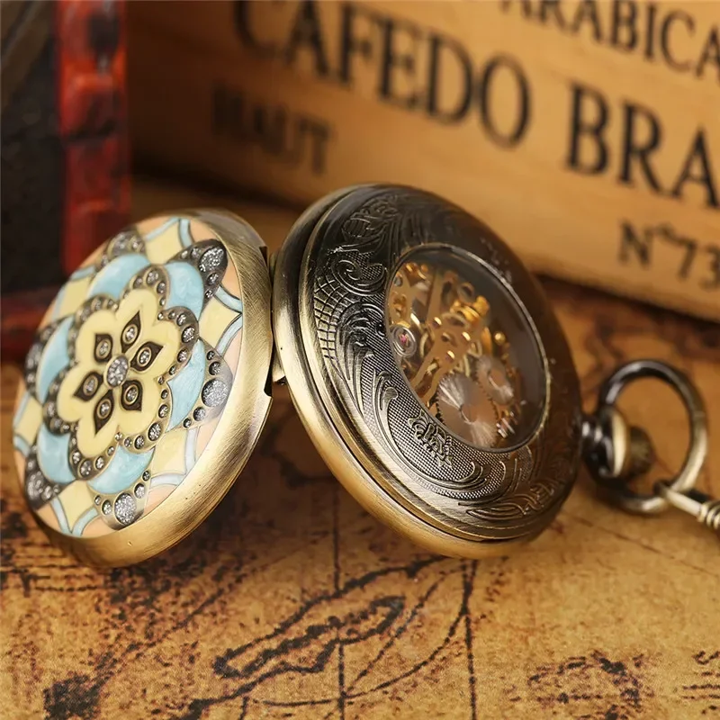 Classic Blue Crystal Flowers Men Women Hand Winding Mechanical Pocket Watch Skeleton Full Hunter Pendant Chain Clock Reloj Gift