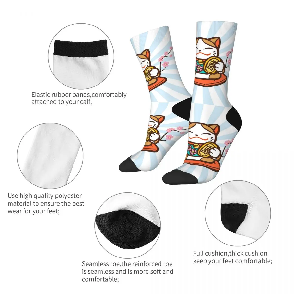 Fashion Lucky Maneki Neko Cat Kawaii Football Socks Polyester Long Socks for Unisex Breathable