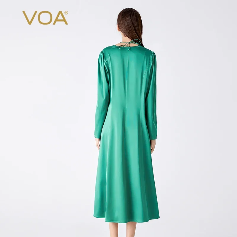 VOA Raso elastico di seta verde scollo a V maniche lunghe pizzo accappatoio di seta allentato per la casa casual semplice camicia da notte donna NE011