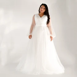 Simple Mono Wedding Dress Plus Size White Tulle Corset Bridal Gown For Woman Pleat Floor Length V Neck Lace Up Back Cheap Custom