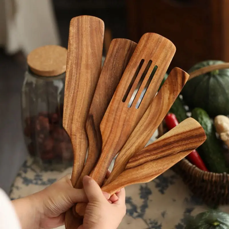 Natural Selection Acacia Spatula Slotted Kitchen Utensils Set Of Non-Stick Long-Handled Substance Mixture Spatula Cutlery