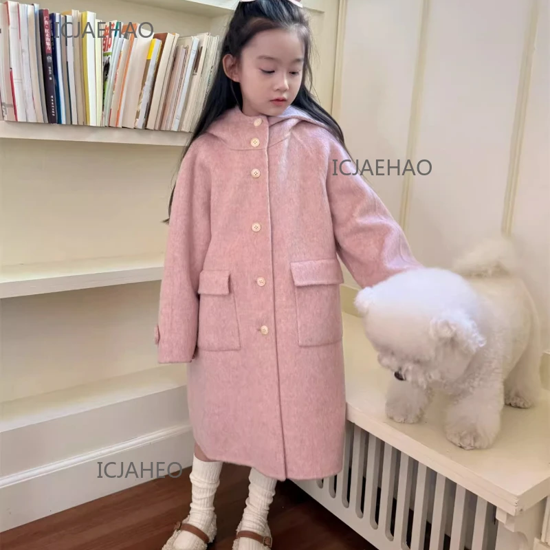 

Одежда для девочек-подростков, детский шерстяной двусторонний костюм для девочек, персиково-розовое длинное пальто с капюшоном, детская одинаковая зимняя верхняя одежда ручной работы