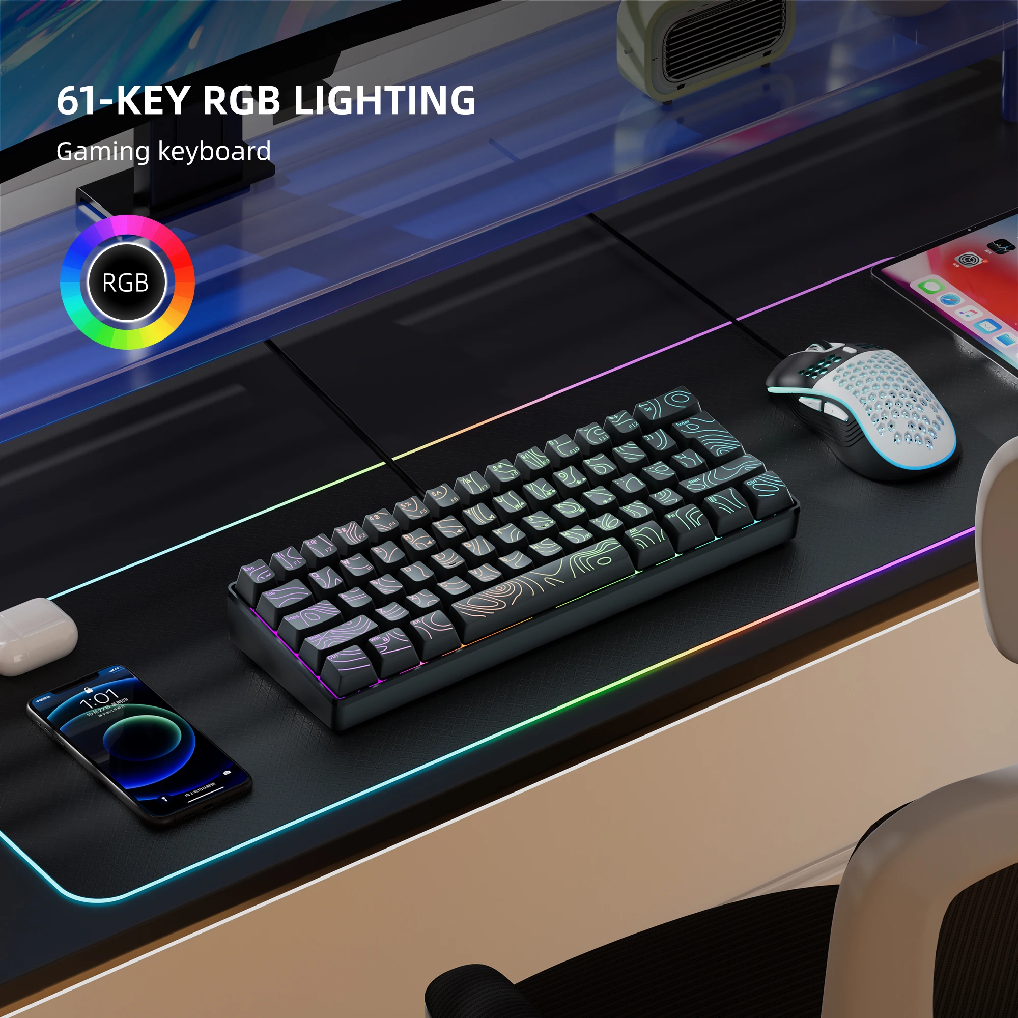 60% Kompakte Kabelgebundene Tastatur mit RGB-Hintergrundbeleuchtung und Membrantasten. Geeignet für Windows-Tablets, Laptops und Gamer. Schwarz.