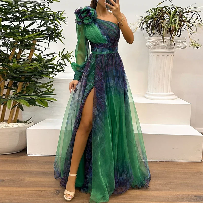 

Vintage Pattern Printed High Waist Long Dress Sexy Asymmetric Mesh Evening Dress New One Shoulder Sleeve Pleats Bridesmaid Dress