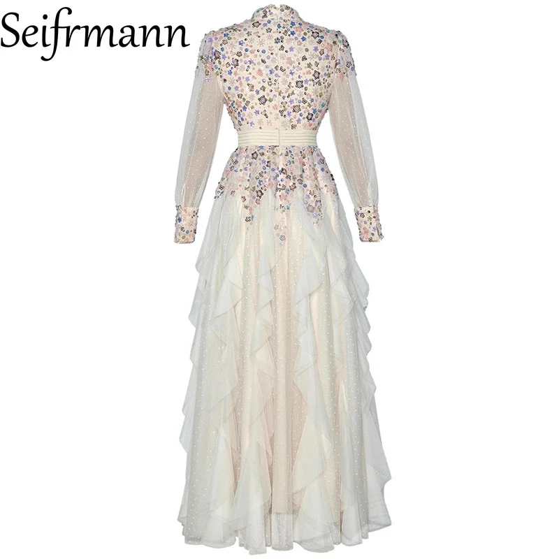 Seifrmann 2026 printemps femmes nouvelle mode col en v à manches longues clou perlé taille cintrée à volants bord robe
