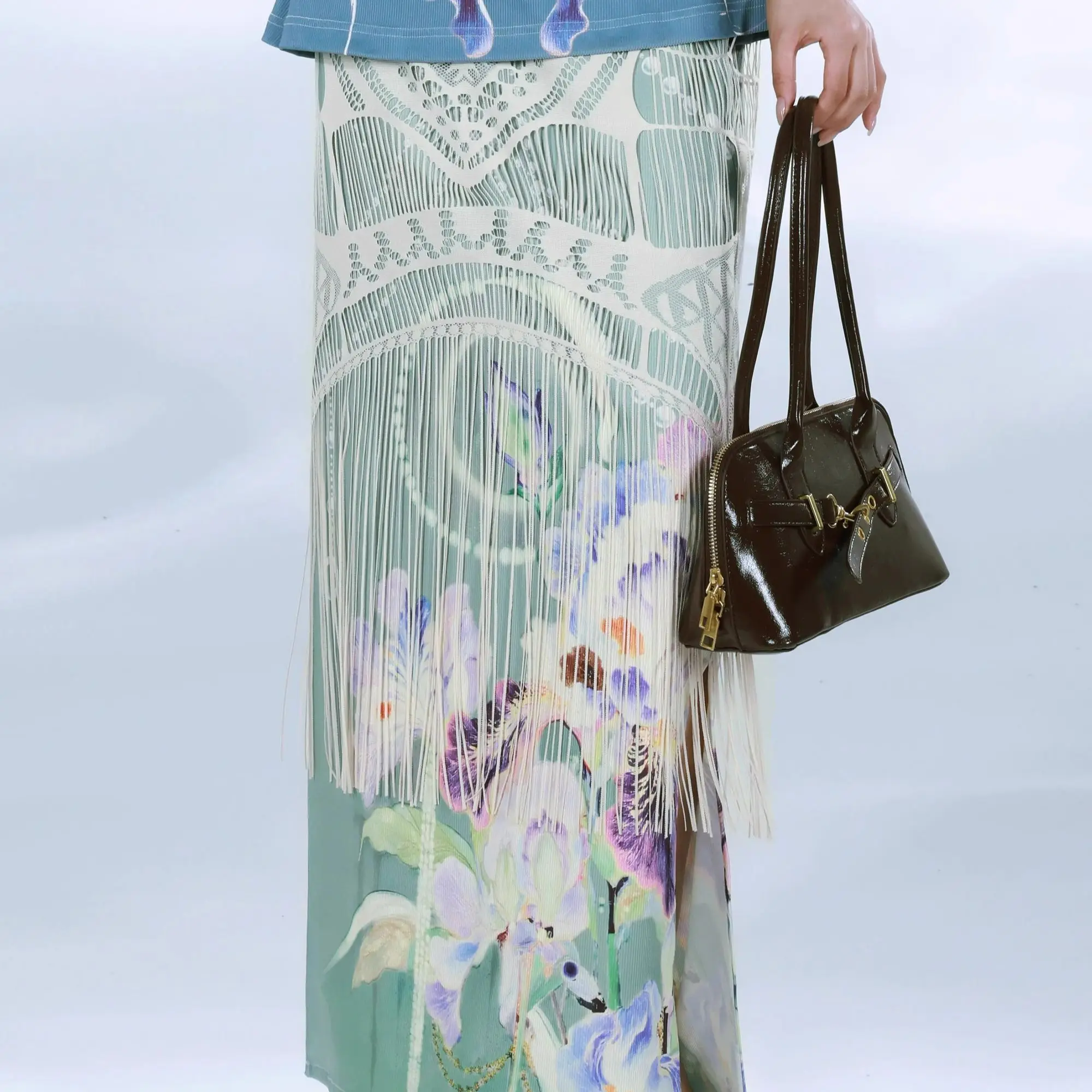 Saia maxi com estampa botânica, bainha com franjas, duas camadas, estética folclórica floral, y2k, verão, boho, vintage, midi