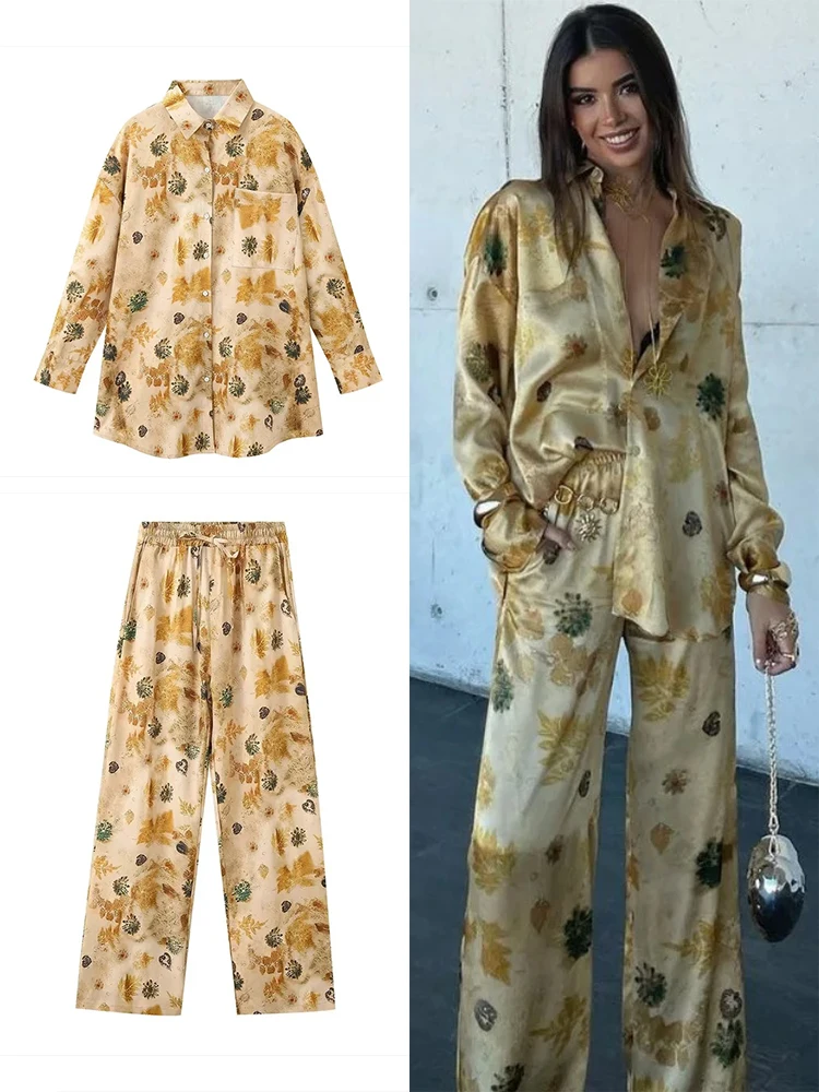 ZABA Ladies Vintage Printed Satin Shirt Top High Waisted Wide Leg Pants 2 Piece Set Casual Loose Shirt + Straight Leg Pants Set