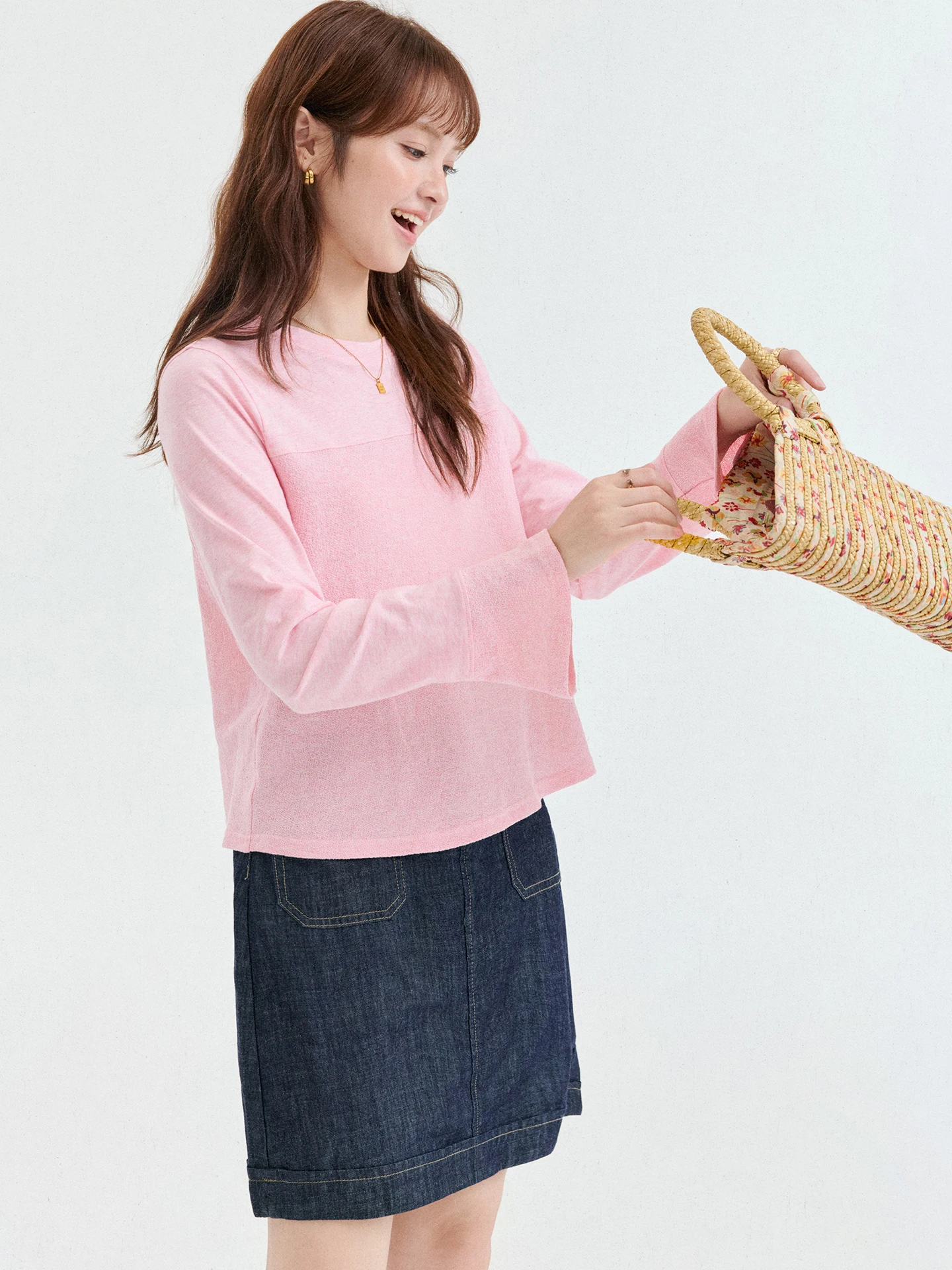 Original AMUU T-shirt Women's Loose Cotton Bell Sleeve Patchwork Sweet Style Korean Version Commute Style Autumn New Arrival