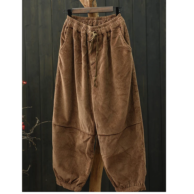 2026 New Arrival Autumn/winter Women Thickened Ankle-length Pants Casual Loose Cotton Corduroy Elastic Waist Harem Pants M104
