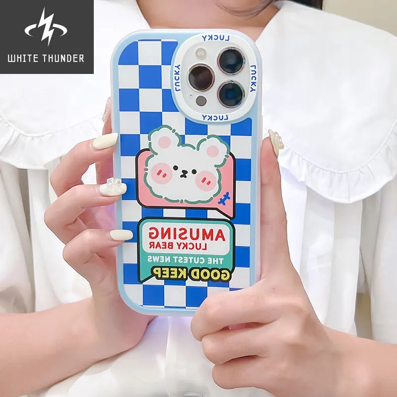 Cute Cartoon Bear Blue White Checkered English Soft Silicone Shell For iphone 11 12 13 Mini 14 Pro Max X Xs Xr 7 8 P Phone Case