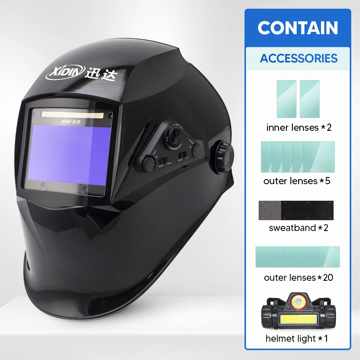 Welding Helmet Auto Darkening with LED Light Replacement Cover Lens Large View True Color Welding Hood | A8-BLACK-858E-TD