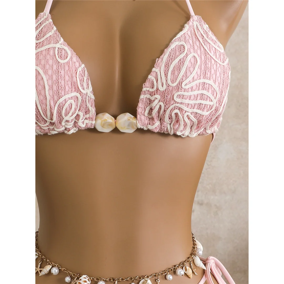 Mit Sarong-Halterneck-Bikini, bedruckter Bikini, Damen-Badebekleidung, dreiteiliges Bikini-Set, gepolsterter Badeanzug, Badebekleidung, Badeanzug, Modell V8073. – Detail 24