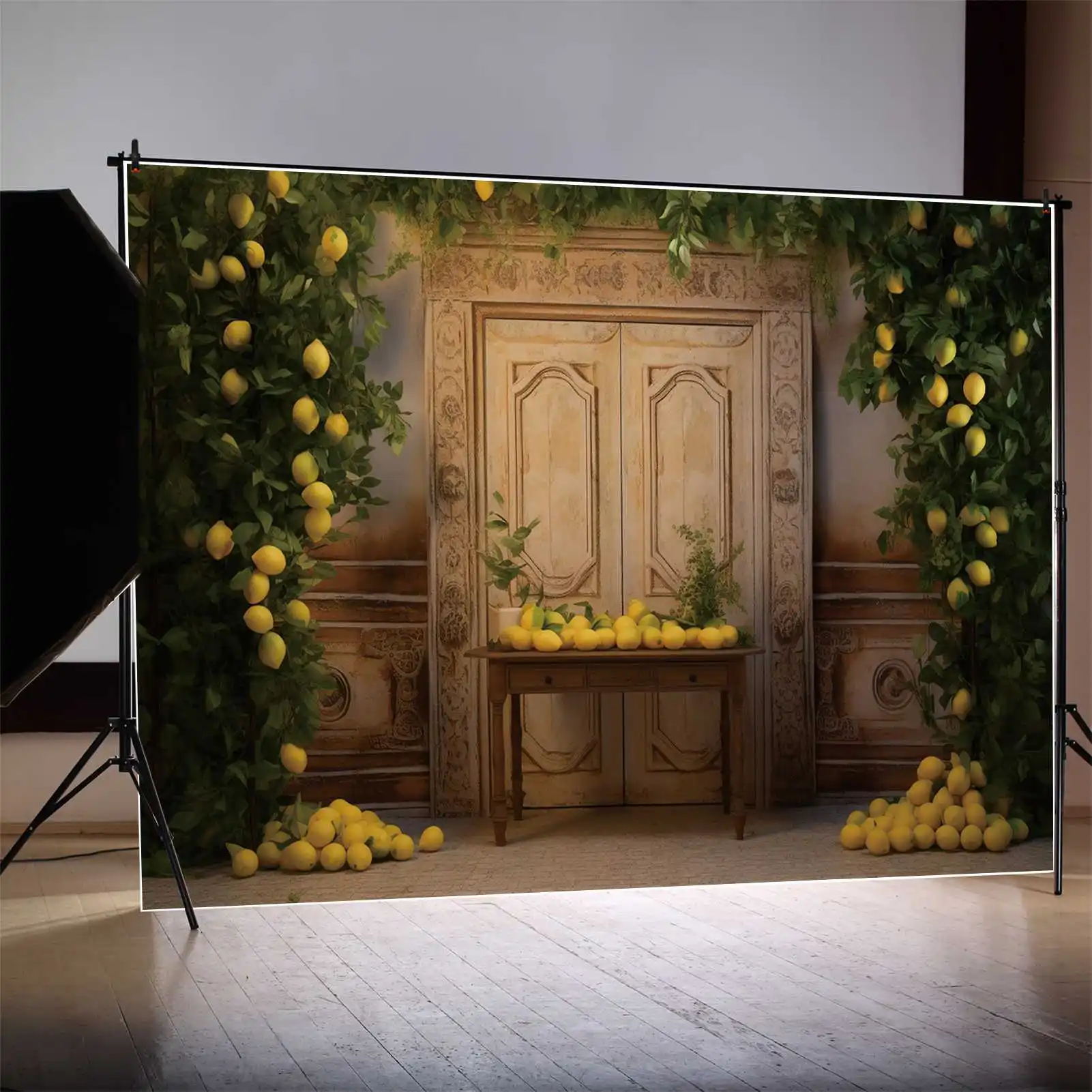 MOON.QG خلفية باب عتيق إطار حفلة ليمون خلفية عيد الشكر خلفية مخصصة لحصاد الخريف جدار الخشب الطوب الطابق صور بوث