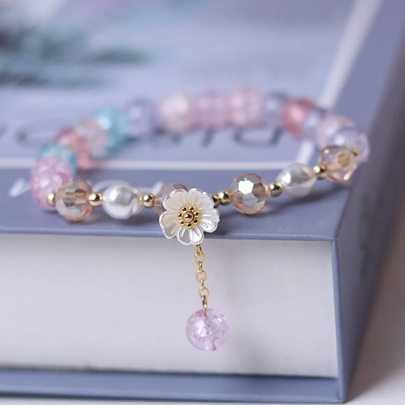 Pulsera con cuentas de flores de concha para mujer, brazalete de cristal colorido, joyería de Boda nupcial, regalos de viaje, moda coreana