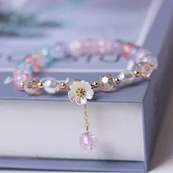 Pulsera con cuentas de flores de concha para mujer, brazalete de cristal colorido, joyería de Boda nupcial, regalos de viaje, moda coreana