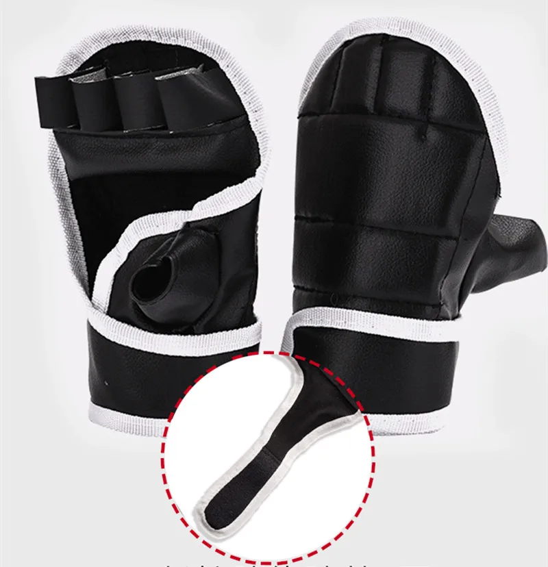 1Pair Black Half Finger Boxing Gloves PU Leather Fighting Kick Boxing Gloves Karate Muay Thai Training Workout Gloves Kids Men