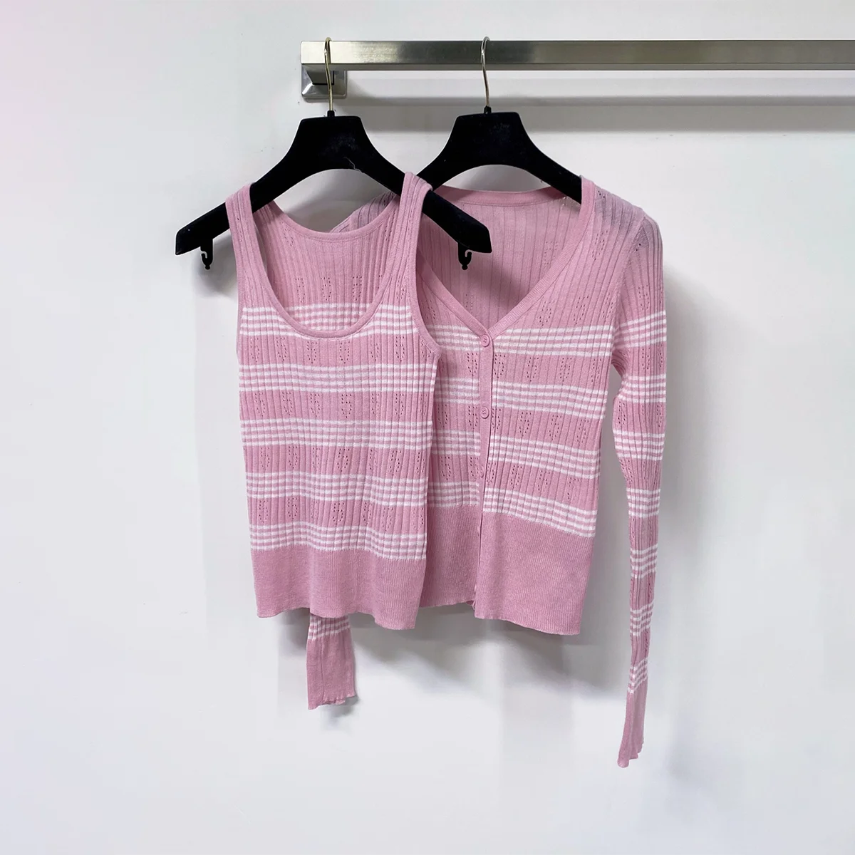 2026 High quality women's clothing Korean striped hollow knit two-piece set--2612180