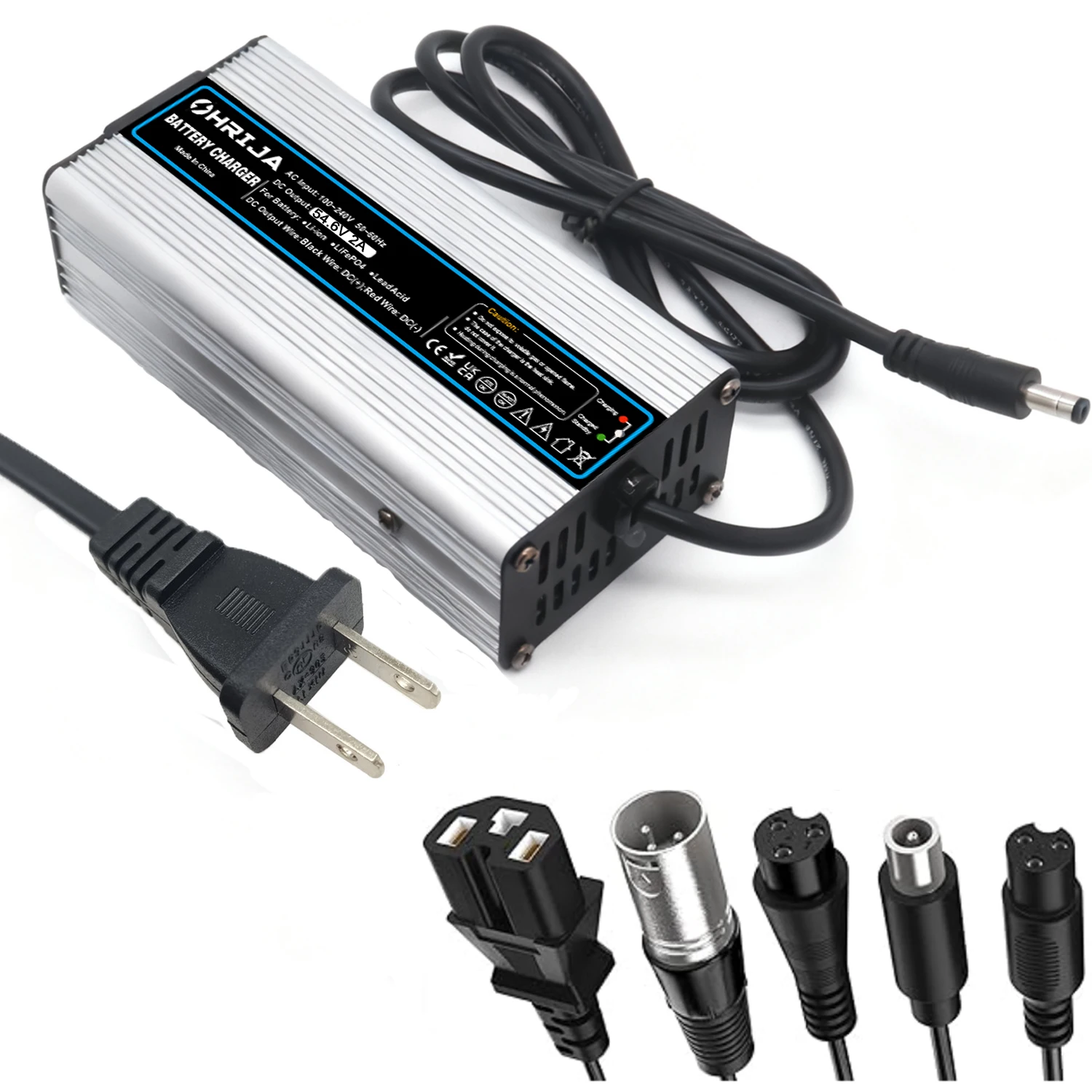 شاحن ذكي 54.6 فولت 2 أمبير مناسب لبطاريات ليثيوم 13S 48 فولت مع غلاف من سبائك الألومنيوم، بدون مروحة، صامت، DC5.5*2.1 OHRIJA