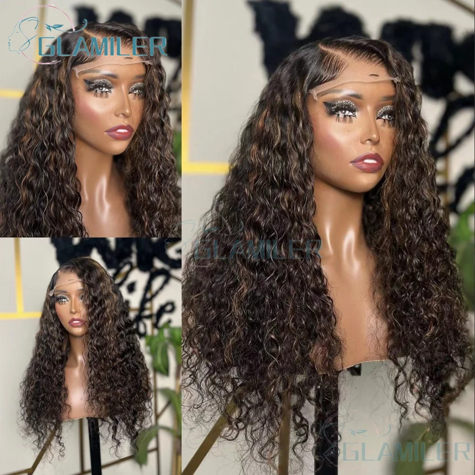 

Side Part 13x4 Highlights Brown Deep Wave Human Hair Wigs Pre Plucked 13x6 Transparent Silk Base Lace Front Wig 5X5 Closure Wig