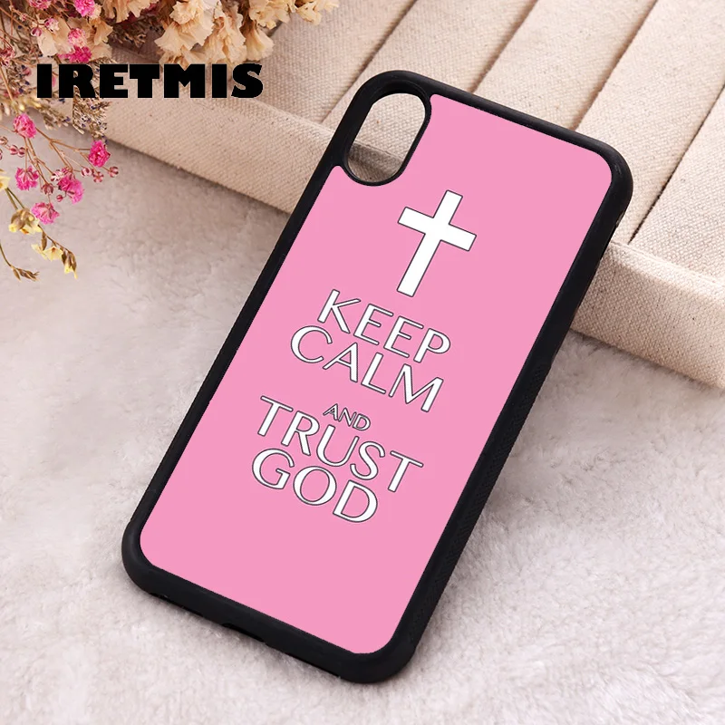 Iretmis Phone Cover Case For iPhone X XS Max XR 11 12 13 PRO MINI 14 15 16 Plus Rubber Keep Calm Trust God Pink Religious