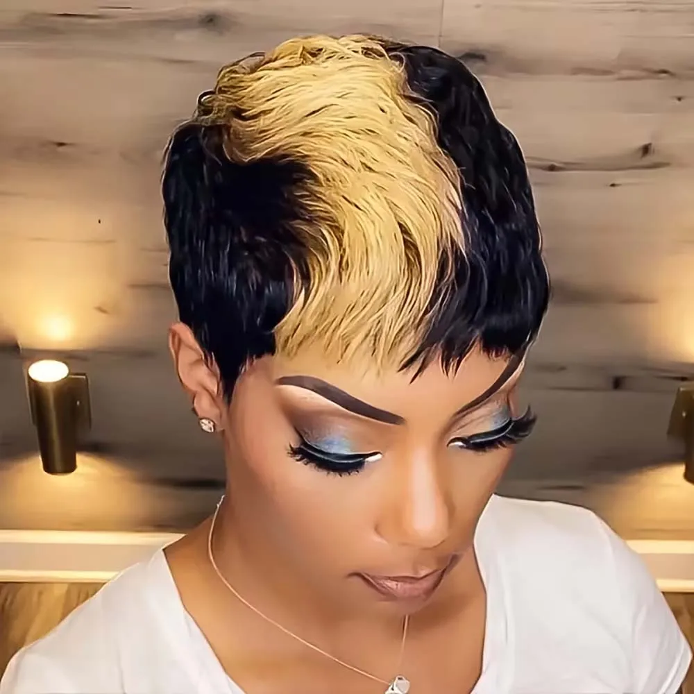 أومبير شقراء قصيرة عابث قطع شعر مستعار قصير شعر طبيعي مفرود الباروكات الشعر البرازيلي مع الانفجارات للنساء آلة صنع قصيرة الطبقات