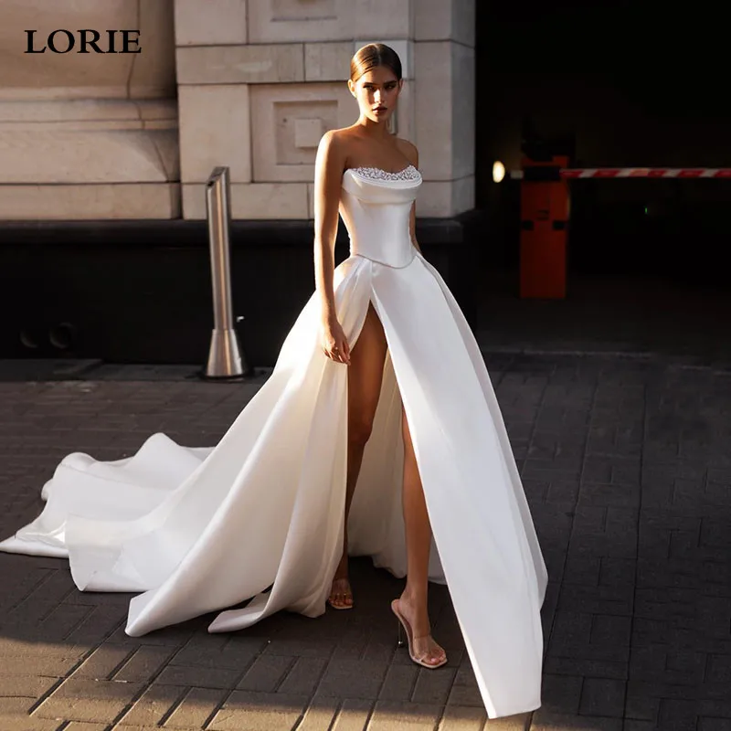 

LORIE Korean Soft Satin Wedding Dresses A Line Strapless Bridal Gowns Side Split Bride Dress Vestido de novia2023