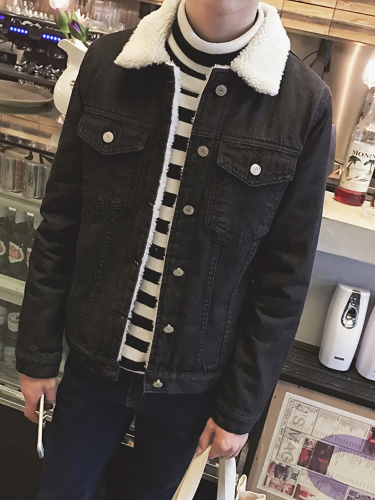 

Korean Sle Fce Lined Denim Jaet Men's Loose Fit Lamb Fur Coat Winter Thi Warm Cotton Clothes Hong Kong Sle INS