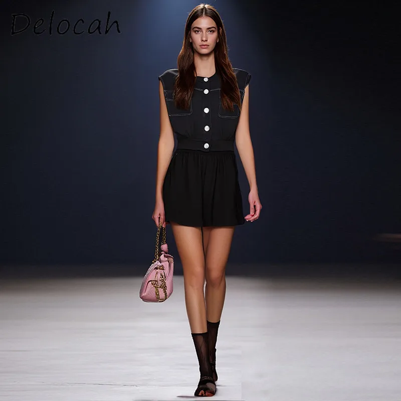 

Deloach модный женский дизайн высокого качества с круглым вырезом без рукавов однобортный топ с шортами повседневный комплект