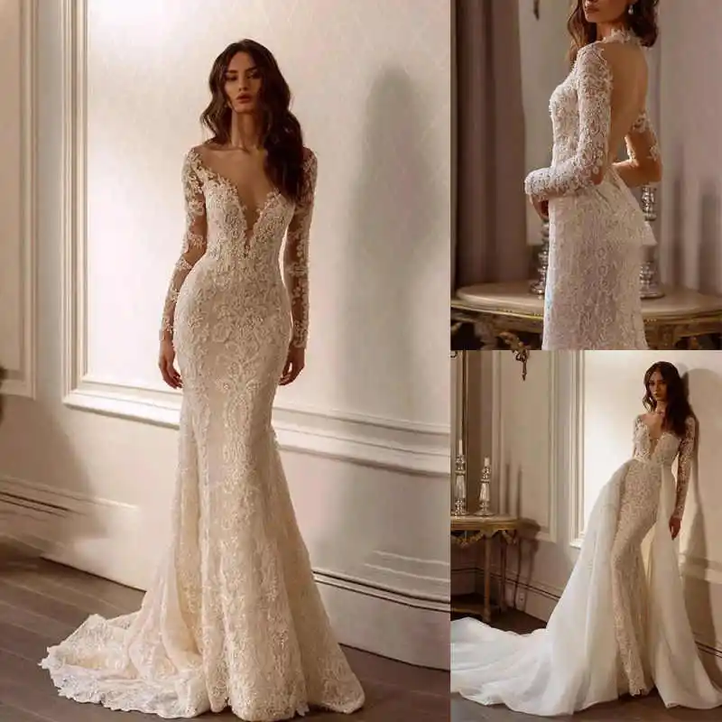 

Элегантные свадебные платья русалки с свадебными платьями без бретелек, аппликации без рукавов, съемный шлейф, большие размеры для особых случаев