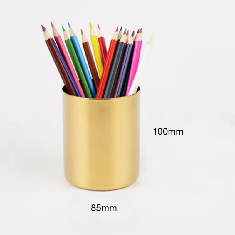 Pencil Cup Holder Pen Pot Makeup Brushes Holder Desk Stationery Organizer Stainless Steel (Gold)