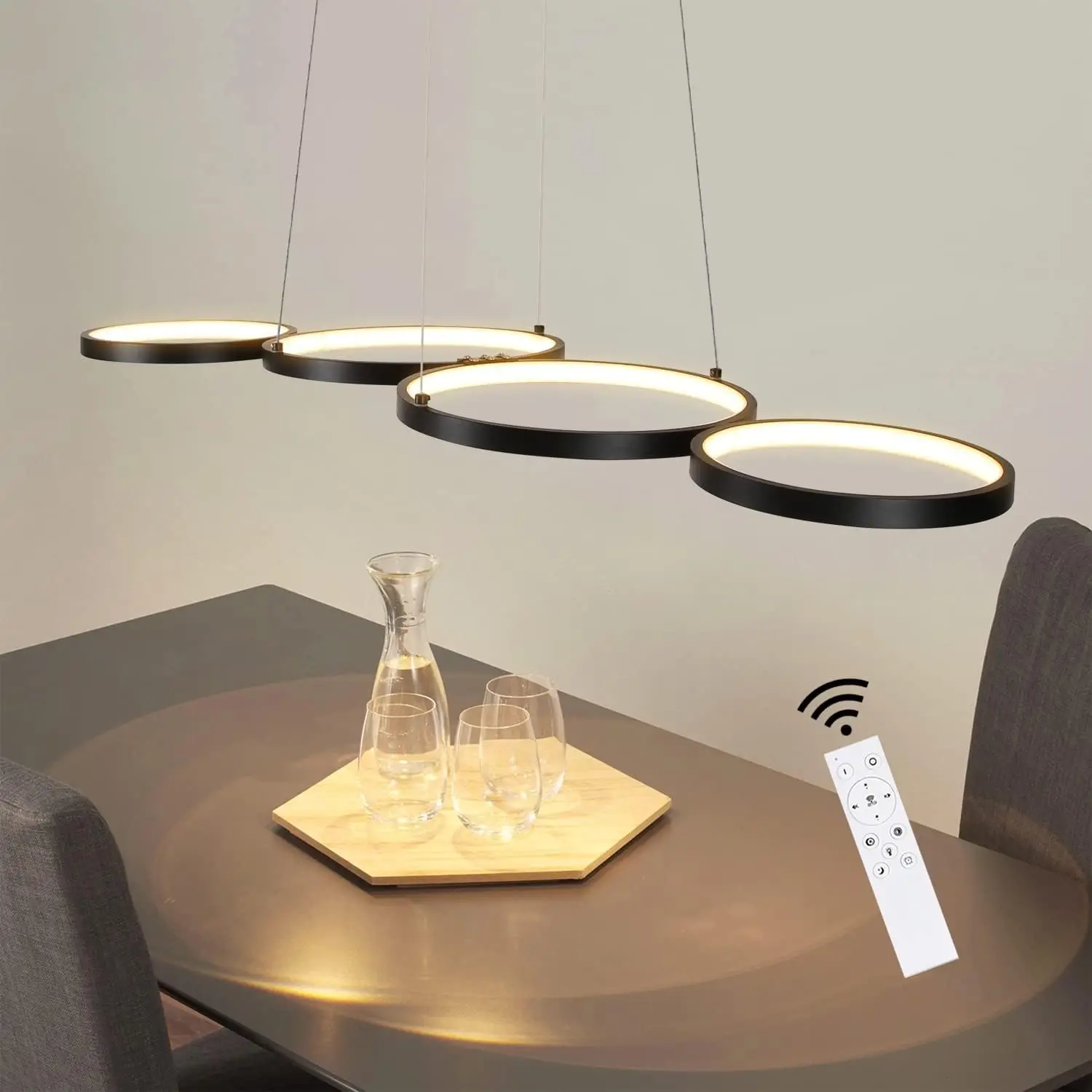 Pendellampe LED Pendellampe Dimmbar mit Fernbedienung Esstischlampe Esstisch Schwarz Hängelampe Ring 54W Höhenverstellbar Pendelleuchte für Wohnzimmer Schlafzimmer Arbeitszimmer Büro Esszimmer