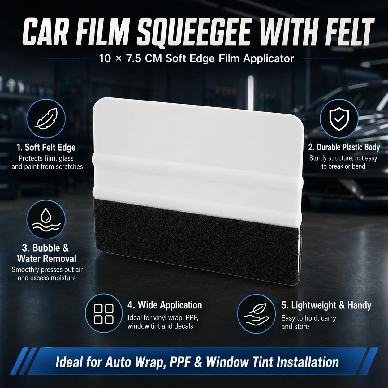 White Felt Edge Plastic Squeegee for Vinyl Wrap PPF Window Tint, Soft Anti-Scratch Bubble and Water Removal Car Wrap Tool