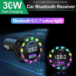 Car Bluetooth 5.3 FM Transmitter Wireless Audio Receiver Car MP3 Player 30W PD Fast Charge With Apple Type-C Port Charging Cable
